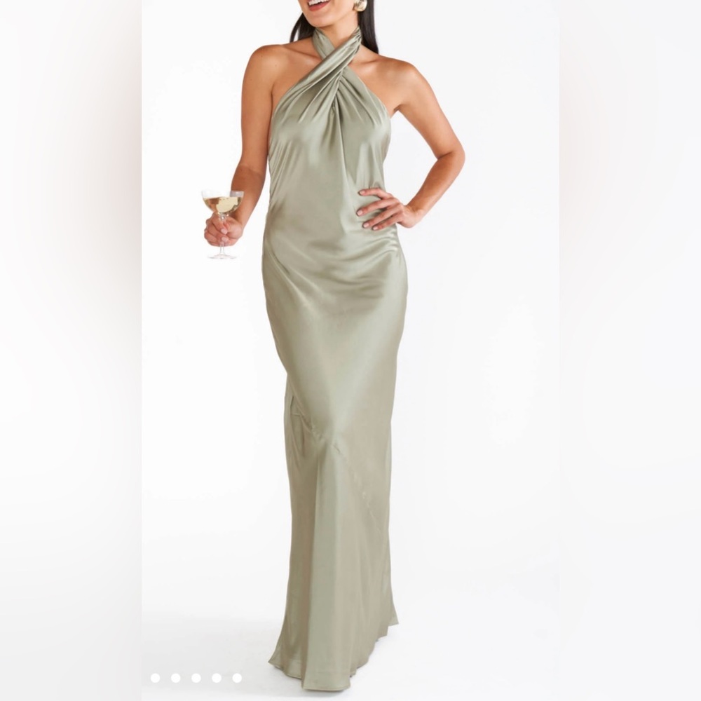 Jasmine halter Maxi dress in moss green luxe satin bridesmaid